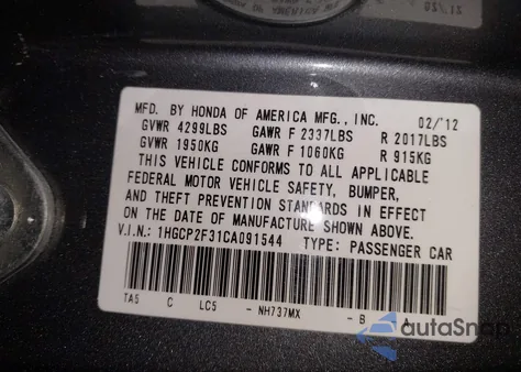2012 Honda Accord 2.4 Lx from USA, damaged, VIN 1HGCP2F31CA091544